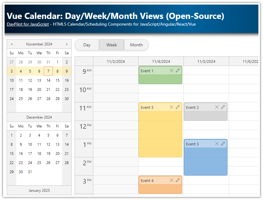 Vue Calendar    Day, Week and Month Views (Open Source)